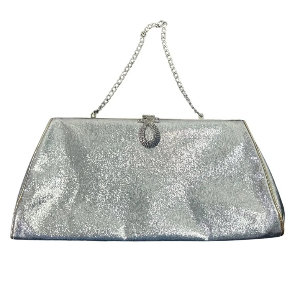 Elegant Silver Metallic Clutch Bag with Chain Strap Evening Handbag Prom Wedding